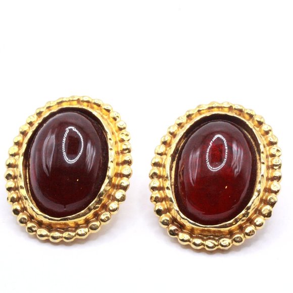 Edouard Rambaud Paris French Couture Deep Red Poured Glass Cabochon Earrings - Picture 2 of 6